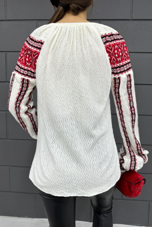 Yakası Bağlamalı Patterned Knitwear Sweater -Ekru