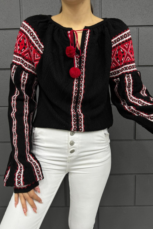 Yakası Bağlamalı Patterned Knitwear Sweater -Black