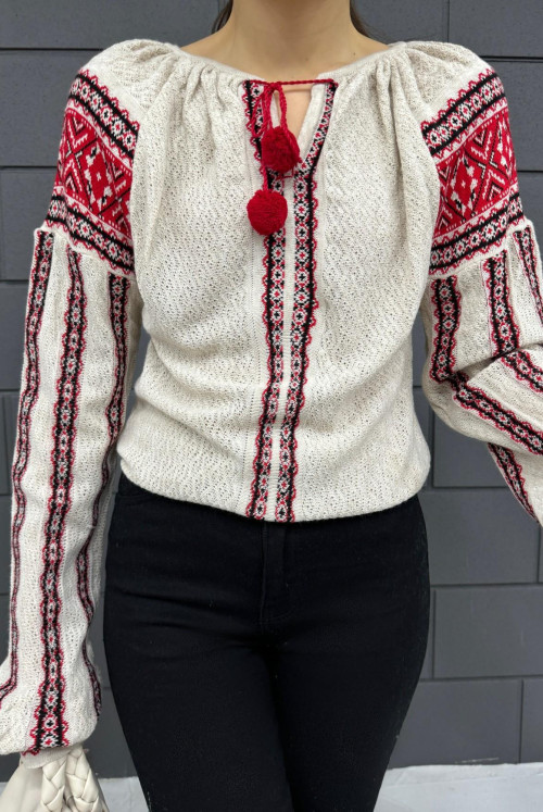Yakası Bağlamalı Patterned Knitwear Sweater -Stone