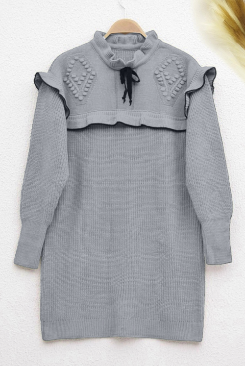 Yakası Frilly Laced Knitwear Tunics  -Grey