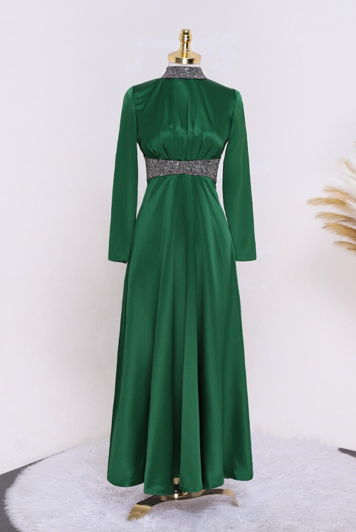 Yakası and waisted Stone Detailed Satin Evening Dress -Emerald
