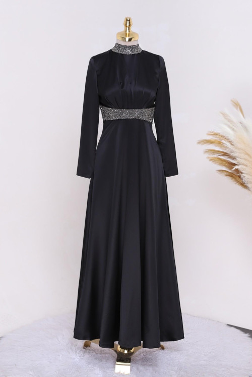 Yakası and waisted Stone Detailed Satin Evening Dress -Black