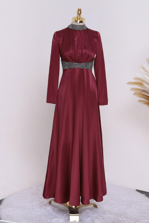 Yakası and waisted Stone Detailed Satin Evening Dress -Claret Red