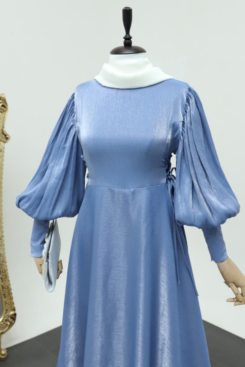 sides Bağlamalı Balloon Arm jacquard Evening Dress -Bebe Blue
