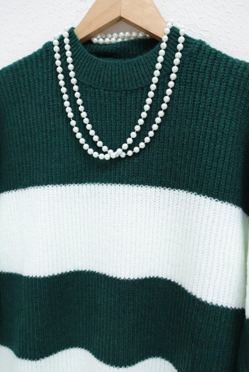 Half Throat Striped Selanik Knitting Sweater   -Emerald