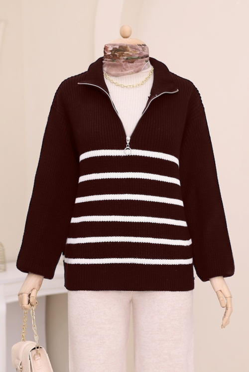 Half Zipped Side Striped Knitwear Sweater   -Claret Red