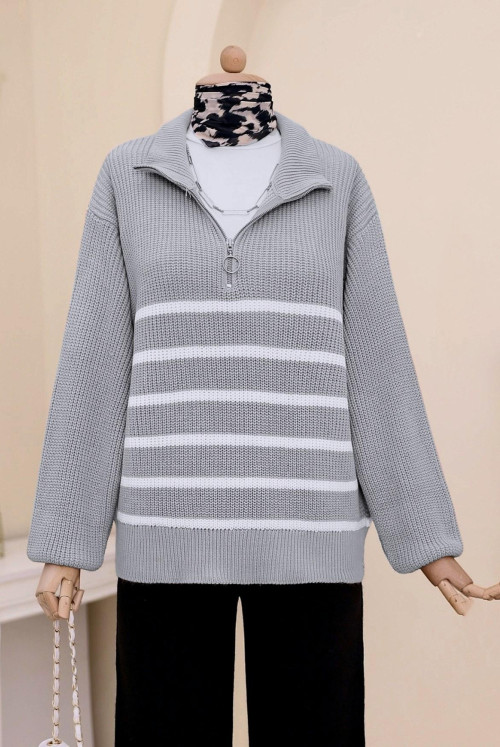 Half Zipped Side Striped Knitwear Sweater   -Grey