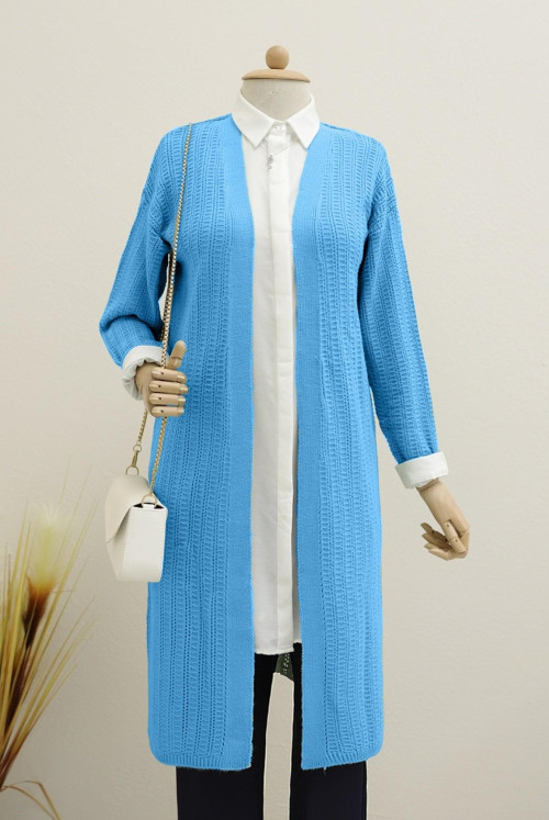 slit Knitting Desen Long Cardigan    -turquoise