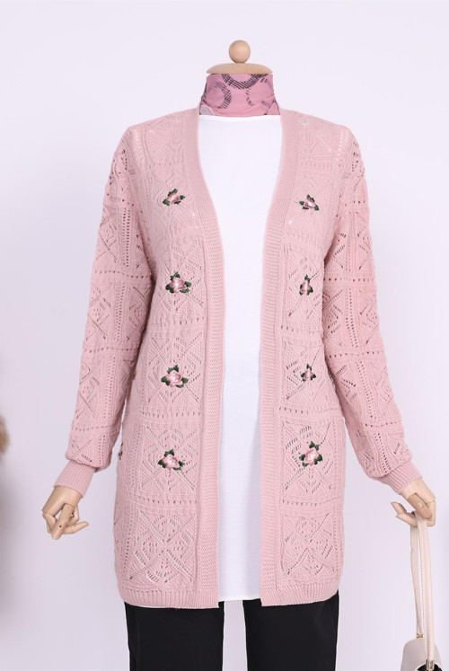 Ajurlu Embroidered Cardigan   -Light Pink