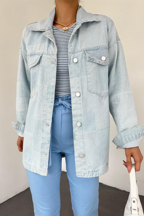 Rear Long Patterned Button Jeans Jacket -Buz Blue