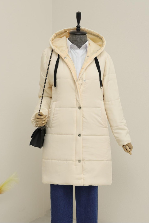 Lined Hooded Inflatable Coat -Beige