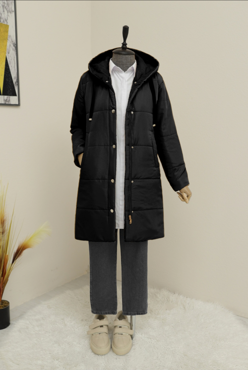 Lined Hooded Inflatable Coat -Black