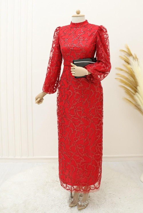 Lined Pullu Simli Tulle Evening Dress -Red