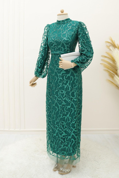 Lined Pullu Simli Tulle Evening Dress -Emerald