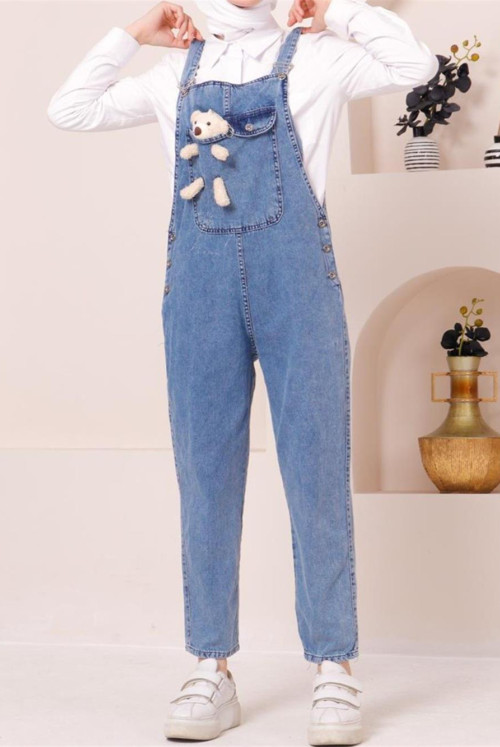 Ayıcık Detailed Hanging sides Button Jeans Overalls   -K. Blue