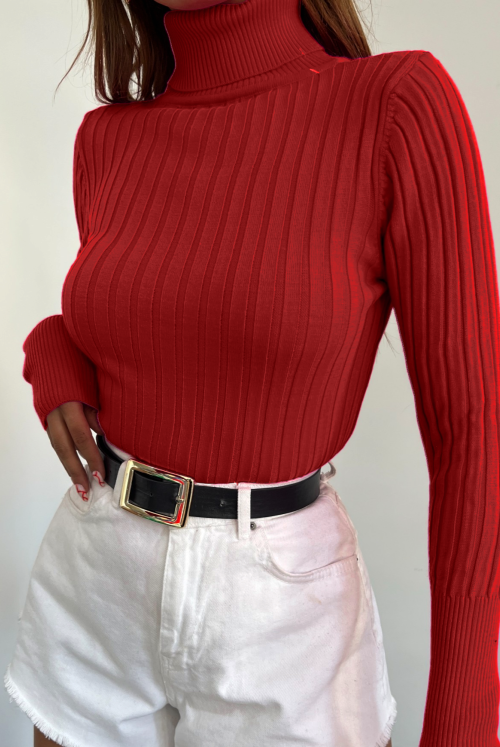 Fisherman Collar Fitilli Knitwear Sweater -Red