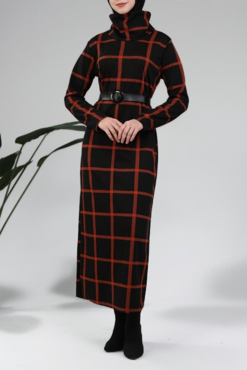 Fisherman Collar Buckle Arched Long Plaid Dress -Tile