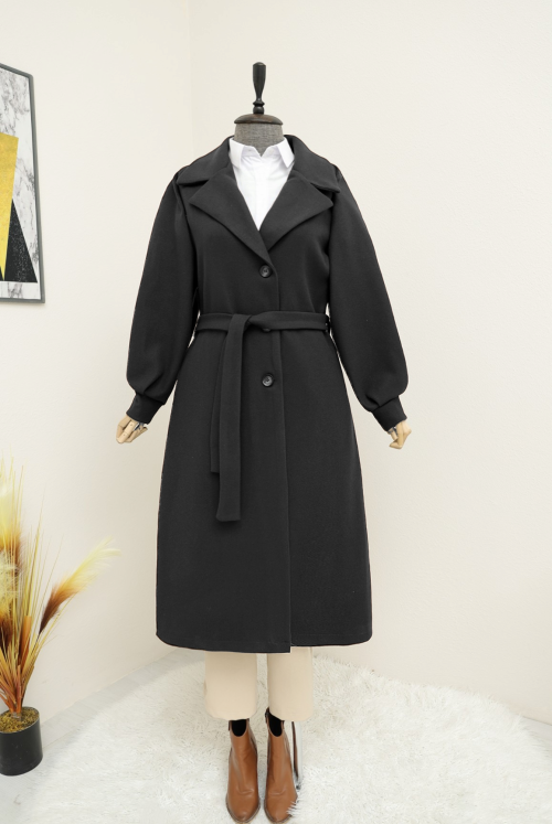 Balloon Arm Lined Ithal Stamping fabric Coat  -Black