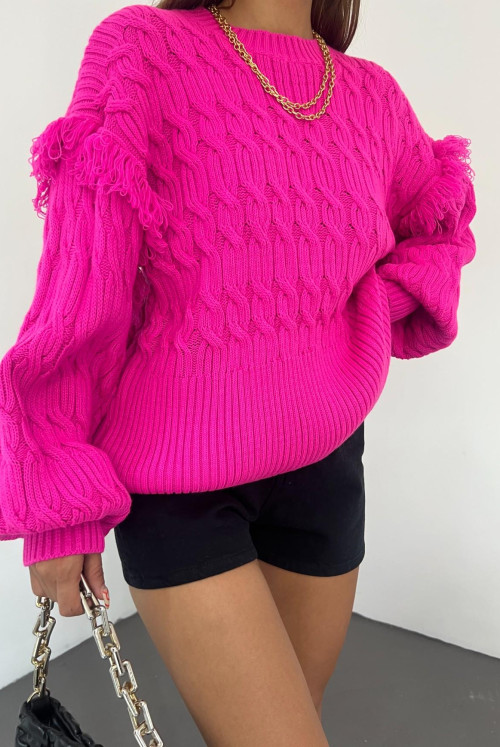 Balloon Arm Tasseled Knitwear Sweater -Hot pink