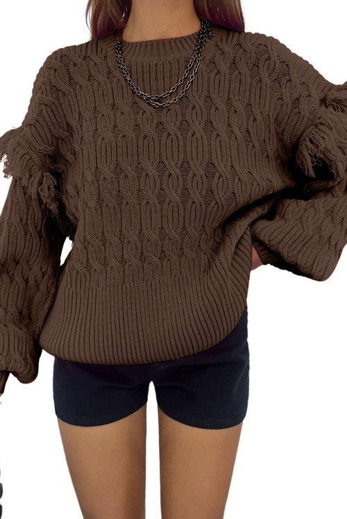 Balloon Arm Tasseled Knitwear Sweater -Brown
