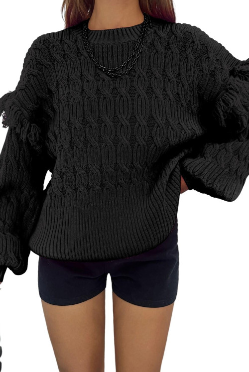 Balloon Arm Tasseled Knitwear Sweater -Black
