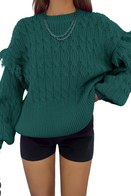 Balloon Arm Tasseled Knitwear Sweater -Emerald