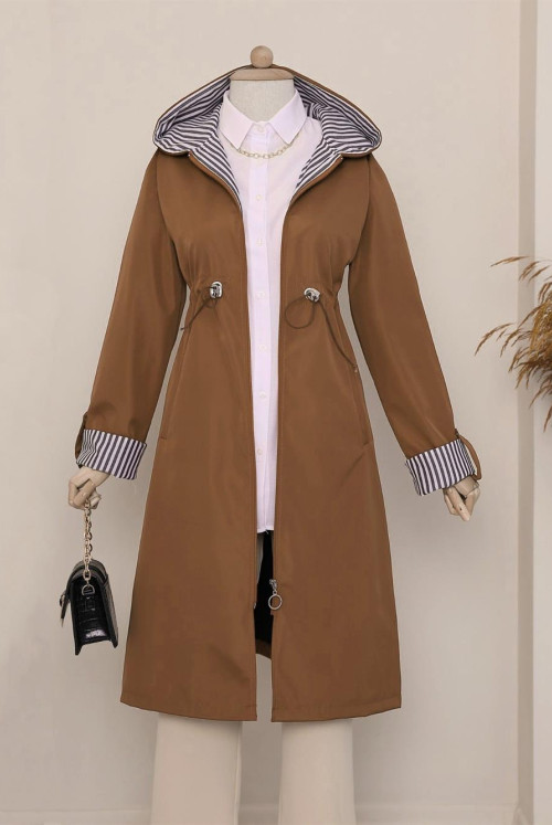 From Waist Sıkmalı Kapitone Lined Hooded Trench coat -Taba