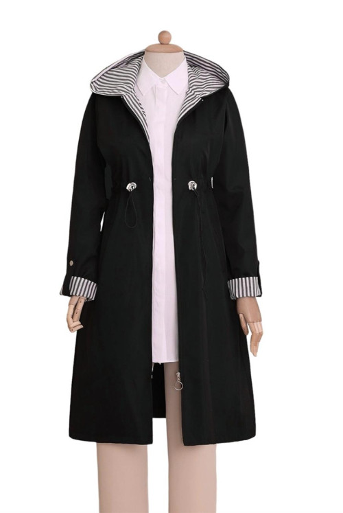 From Waist Sıkmalı Kapitone Lined Hooded Trench coat -Black