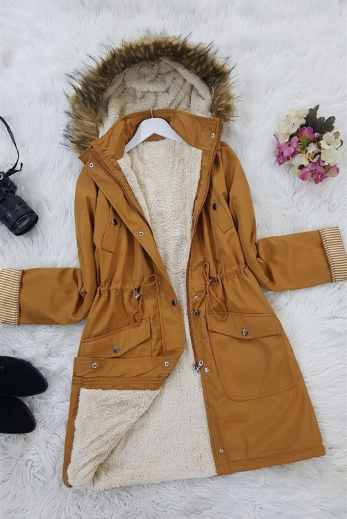 waisted Laced Hooded Coat -Taba