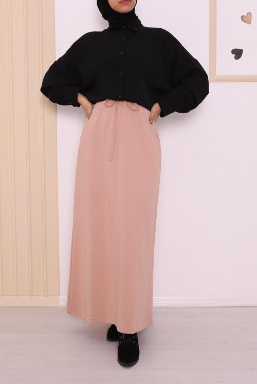 waisted Laced Elastic Double Pocket Penye Skirt -Light Pink