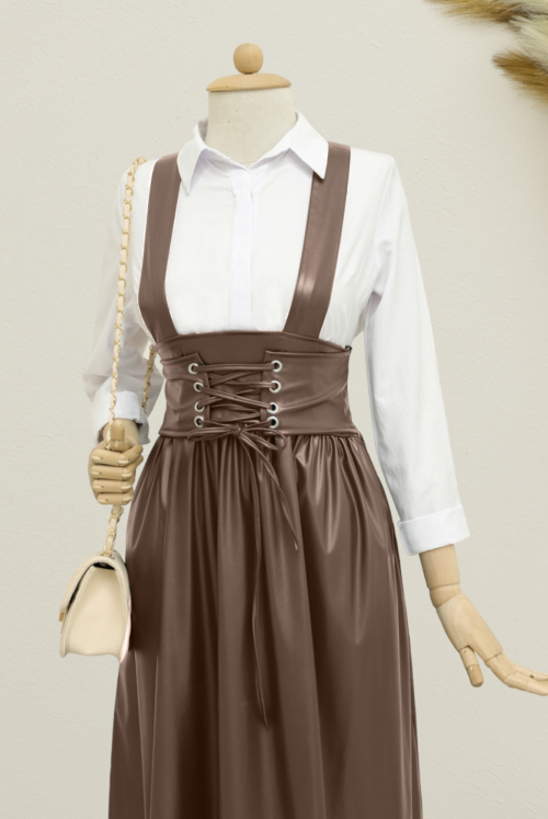 waisted Bağlamalı skirt pieced Salopet -Brown