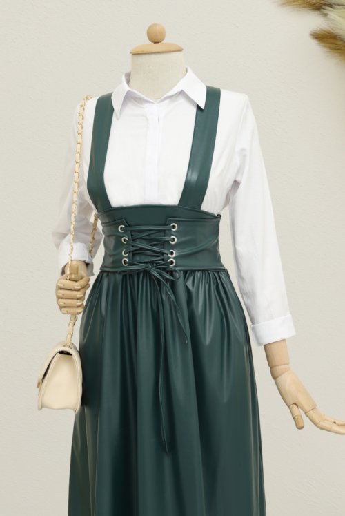 waisted Bağlamalı skirt pieced Salopet -Emerald