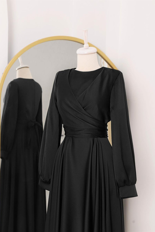 waisted Bağlamalı baggy Satin Evening Dress -Black