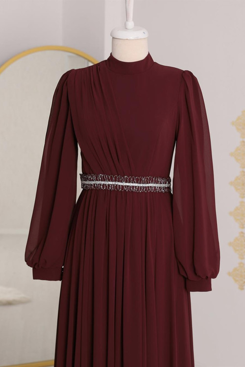 waisted Boncuk Detailed Evening Dress  -Claret Red