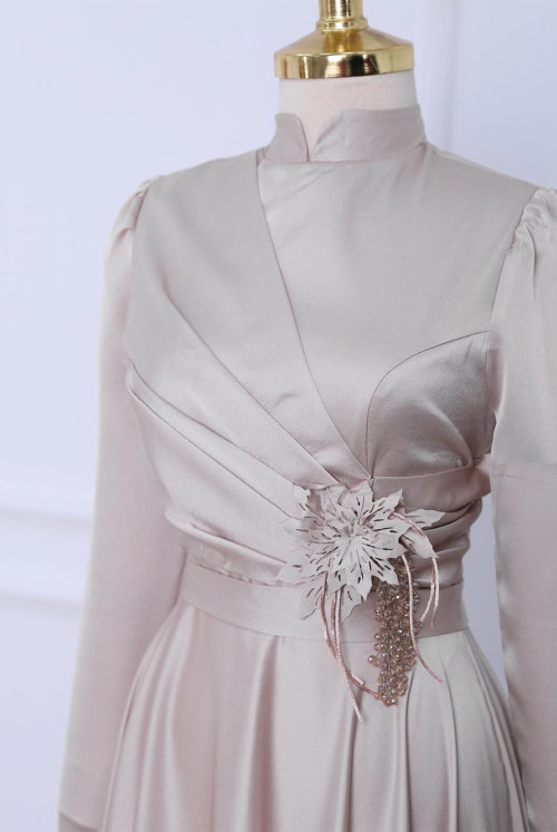 waisted Rose Detailed Drapeli Satin Evening Dress -Beige