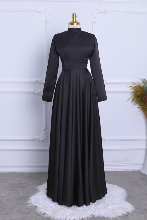 waisted Plise Detailed Its Double Kat Satin Evening Dress -Black
