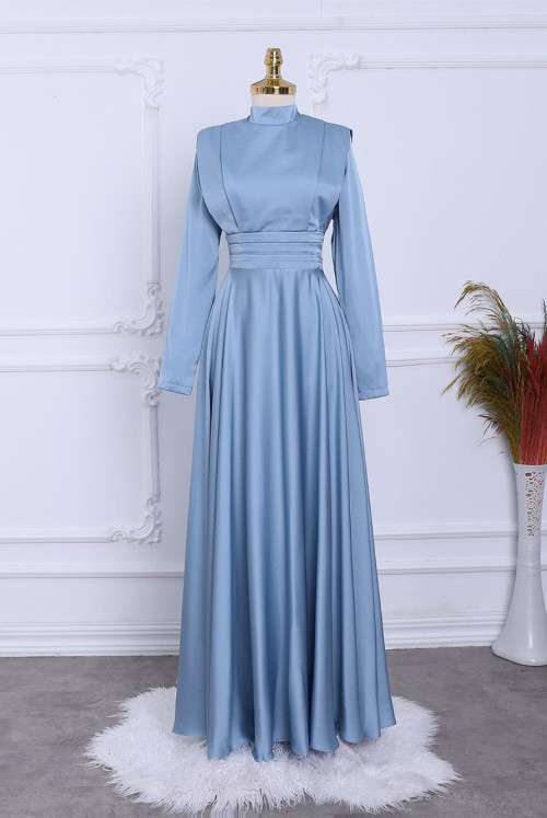 waisted Plise Detailed Its Double Kat Satin Evening Dress -Bebe Blue