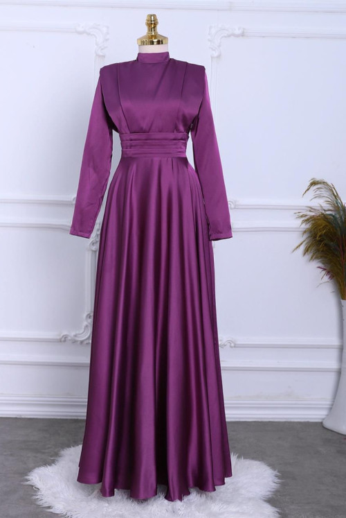 waisted Plise Detailed Its Double Kat Satin Evening Dress  -Damson