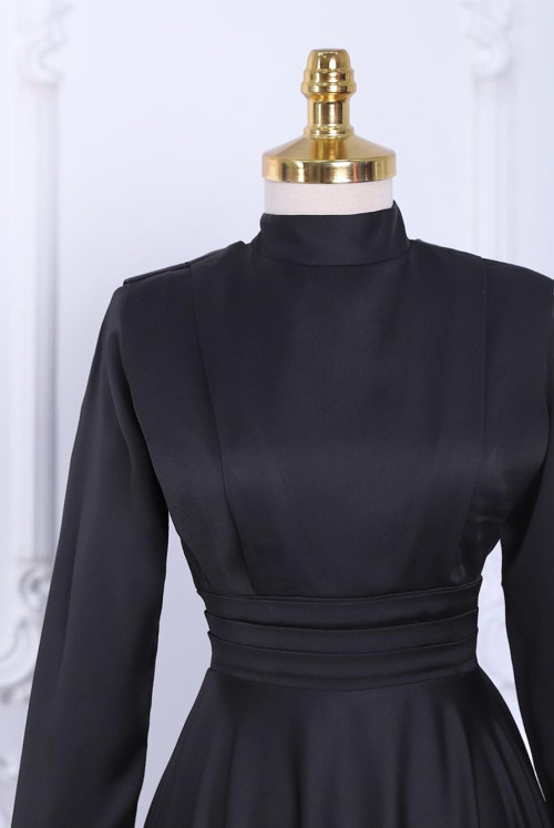 waisted Plise Detailed Its Double Kat Satin Evening Dress -Black