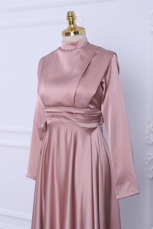 waisted Plise Detailed Its Double Kat Satin Evening Dress -Light Pink