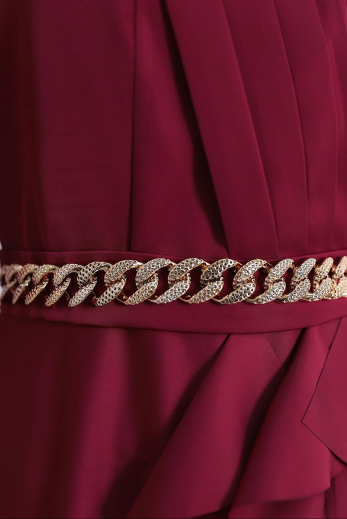 waisted Zincir Detailed Its Frilly Satin Evening Dress -Claret Red