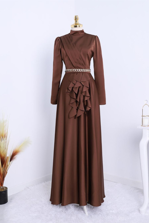 waisted Zincir Detailed Its Frilly Satin Evening Dress -Brown