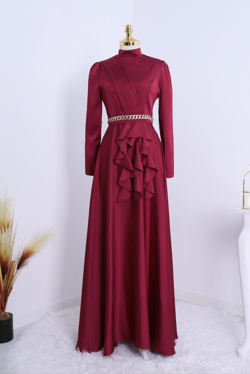 waisted Zincir Detailed Its Frilly Satin Evening Dress -Claret Red