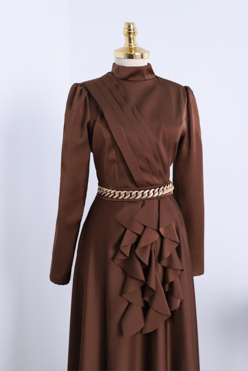 waisted Zincir Detailed Its Frilly Satin Evening Dress -Brown