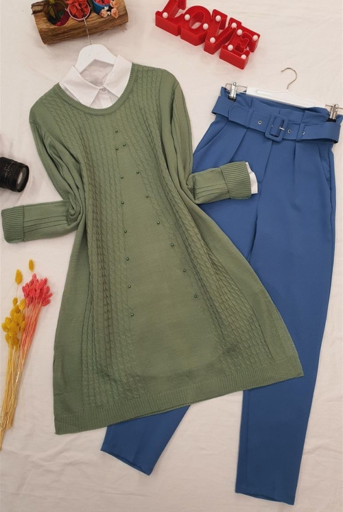 Bicycle Collar Pearl Detailed Knitwear Tunics -Green