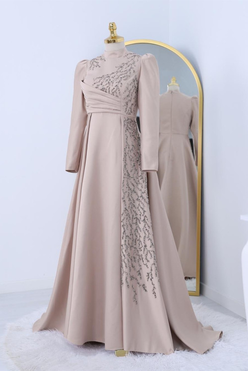 Boncuk Detailed Tailed Tafta Evening Dress -Beige