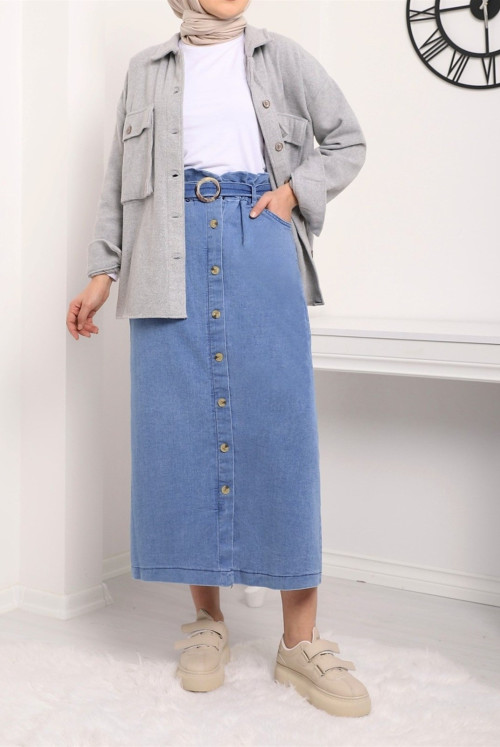 from end Button Buckle Jeans Skirt   -Tint