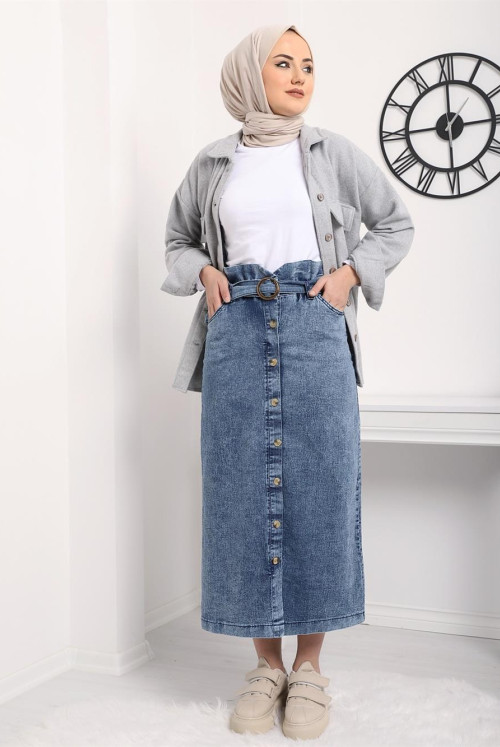 from end Button Buckle Jeans Skirt -Buz Blue