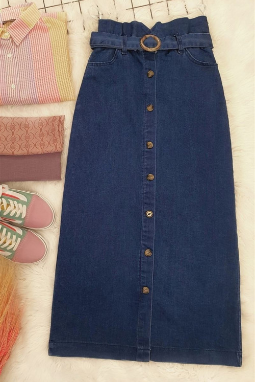 from end Button Buckle Jeans Skirt -İndigo