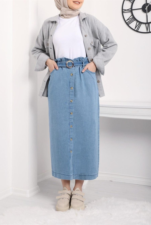 from end Button Buckle Jeans Skirt -Blue